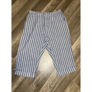 Norm Thompson Blue Striped Linen Blend Capri Pants Womens Size Petite M Pockets